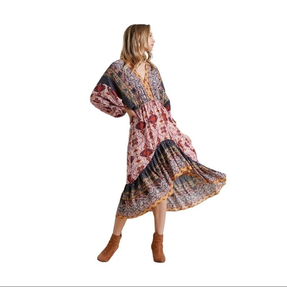 CLEARANCE- Medium Umgee Boho Gypsy Multi-Print Dress - Picture 4 of 6
